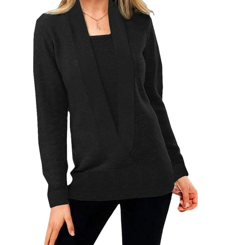 Suéter De Punto De Cachemira Casual Para Mujer Elegante Cuello En V Falsa Dos Piezas Manga Larga Color Sólido Pullover