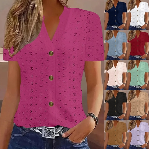 Maglietta da Donna Casual con Scollo a V a Maniche Corte con Bottoni Sul Davanti Ricamo a Occhielli Estate Top Largo Tinta Unita