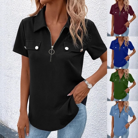Women's Fashion Short Sleeve V-Neck Zipper Shirt Solid Color Casual Polo Blouse With Decorative Pockets Summer Elegant Top