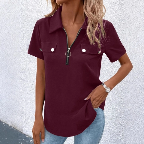Women's Fashion Short Sleeve V-Neck Zipper Shirt Solid Color Casual Polo Blouse With Decorative Pockets Summer Elegant Top