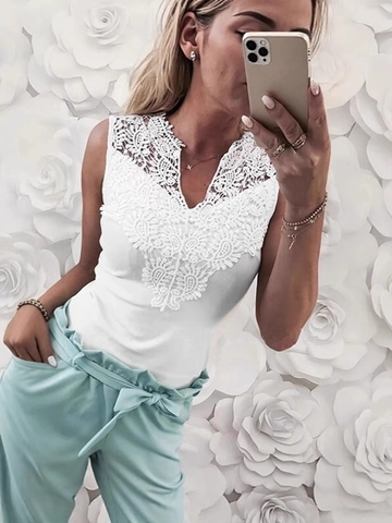 Débardeur Sans Manches pour Femme Avec Col en V en Dentelle Patchwork Couleur Unie Polyester Été Décontracté Vacances Élégant