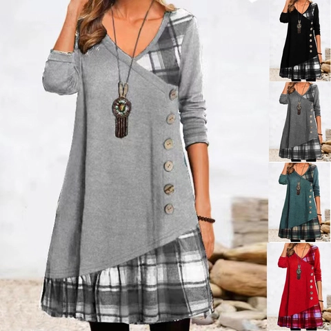 Damen Casual V-Ausschnitt Langarm Kleid Karo Patchwork Knopf Dekor Asymmetrisches Vintage Baumwollmischung Midi Kleid Top