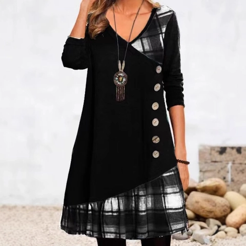 Damen Casual V-Ausschnitt Langarm Kleid Karo Patchwork Knopf Dekor Asymmetrisches Vintage Baumwollmischung Midi Kleid Top