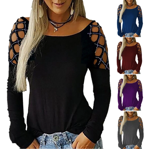 Women Casual Cotton Blend T-Shirt Lattice Hollow Out Shoulder Rhinestone Long Sleeve Round Neck Slim Fit Basic Fashion Top