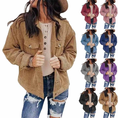 Giacca Shacket da Donna in Velluto a Coste Casual Abbottonata Larga Manica Lunga Colletto a Revers con Tasche Tinta Unita