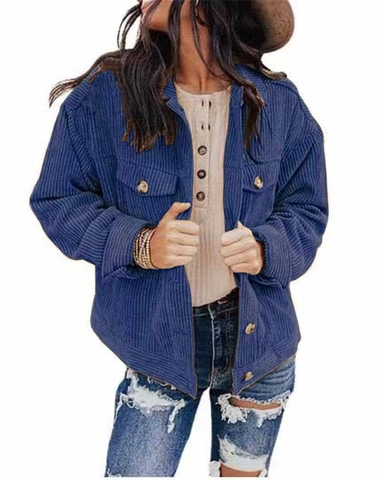 Giacca Shacket da Donna in Velluto a Coste Casual Abbottonata Larga Manica Lunga Colletto a Revers con Tasche Tinta Unita