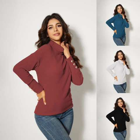 Women Elegant High Neck Ribbed Knit Sweater Long Sleeve Slim Fit Pullover Top With Decorative Button Cuffs Urban Style Jumper