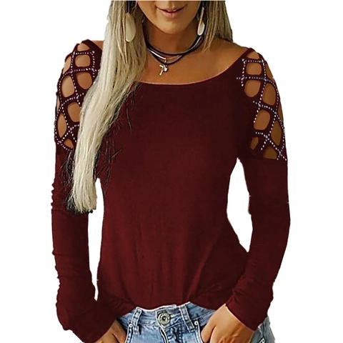 Women Casual Cotton Blend T-Shirt Lattice Hollow Out Shoulder Rhinestone Long Sleeve Round Neck Slim Fit Basic Fashion Top
