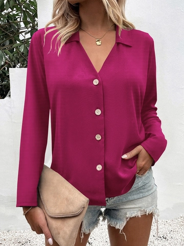 Women Elegant V Neck Long Sleeve Blouse Casual Solid Color Button Up Shirt Office Lady Work Top Lightweight Apparel