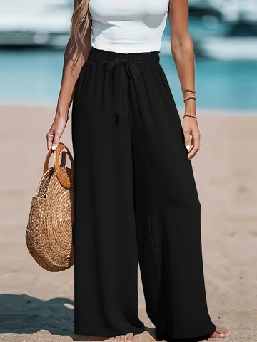 Pantalon Palazzo Femme Taille Haute Jambe Large Décontracté Taille Élastique À Lacets Pour Vacances À La Plage Été