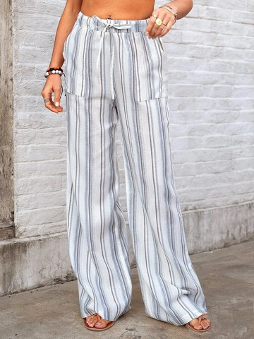 Women Casual Striped Wide Leg Pants High Waist Drawstring Loose Chiffon Trousers With Pockets For Summer Beach Vacation