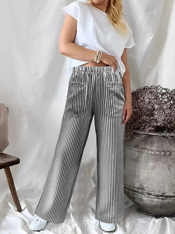 Women High Waisted Striped Wide Leg Pants Casual Loose Trousers With Pockets Elastic Waist Fashion Palazzo Bottoms