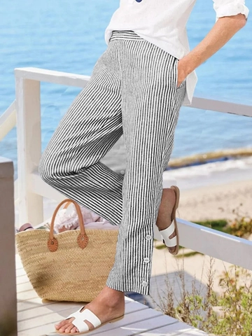 Women Striped Casual Pants Loose Elastic Waist Cropped Straight Trousers With Buttons Summer Autumn
