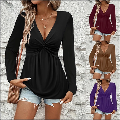 Damen Casual V-Ausschnitt Verdrehter Knoten Langarm T-Shirt Einfarbig Locker Schößchen Top Weich Herbst Mode Kleidung