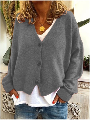 Damen Casual V-Ausschnitt Strickjacke Locker Oversized Knöpfe Langarm Einfarbig Baumwollmischung Pullover Strickjacke
