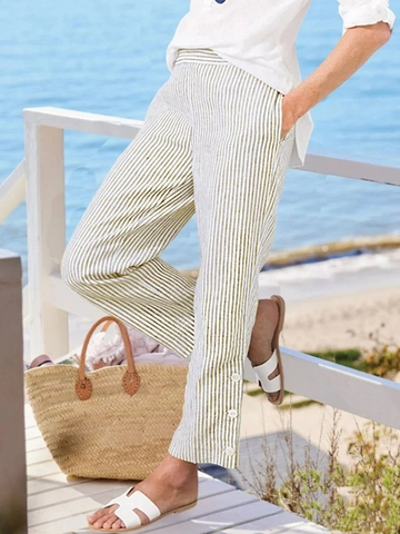 Women Striped Casual Pants Loose Elastic Waist Cropped Straight Trousers With Buttons Summer Autumn