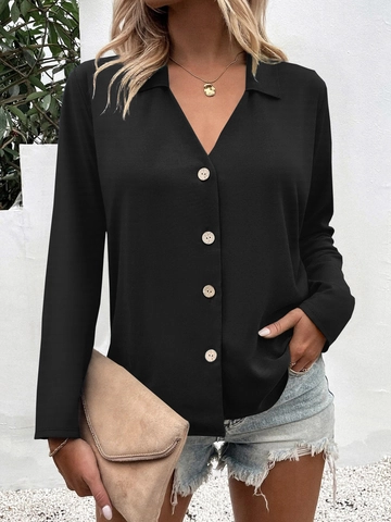Women Elegant V Neck Long Sleeve Blouse Casual Solid Color Button Up Shirt Office Lady Work Top Lightweight Apparel