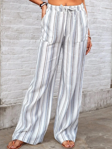 Women Casual Striped Wide Leg Pants High Waist Drawstring Loose Chiffon Trousers With Pockets For Summer Beach Vacation