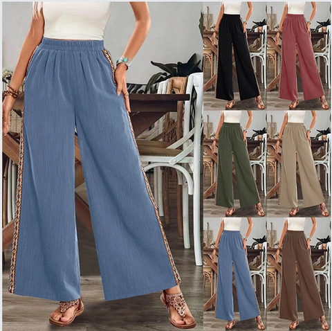 Pantalon Large à Rayures Ethniques Bohème pour Femmes Taille Haute Pantalon Décontracté Style Coton Lin Vacances