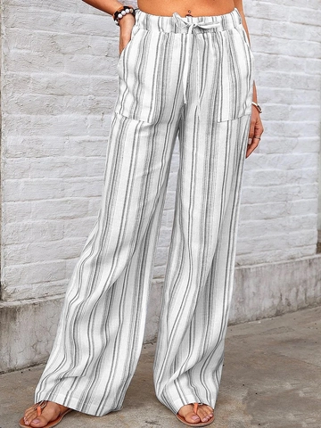 Women Casual Striped Wide Leg Pants High Waist Drawstring Loose Chiffon Trousers With Pockets For Summer Beach Vacation