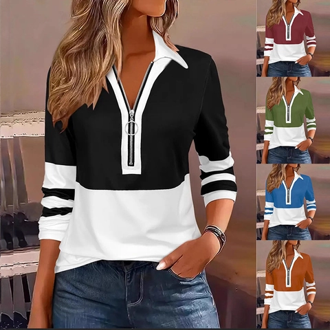 Polo à Manches Longues Color Block pour Femmes Col à Revers Fermeture Éclair Col en V Patchwork Décontracté