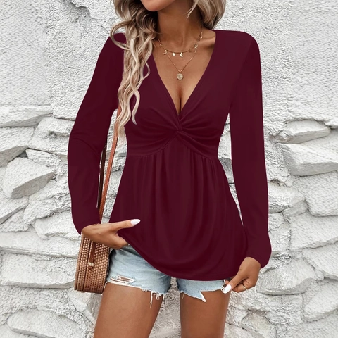 Women Casual V Neck Twist Knot Long Sleeve T-Shirt Solid Color Loose Peplum Top Soft Stretchy Fashion Fall Clothing