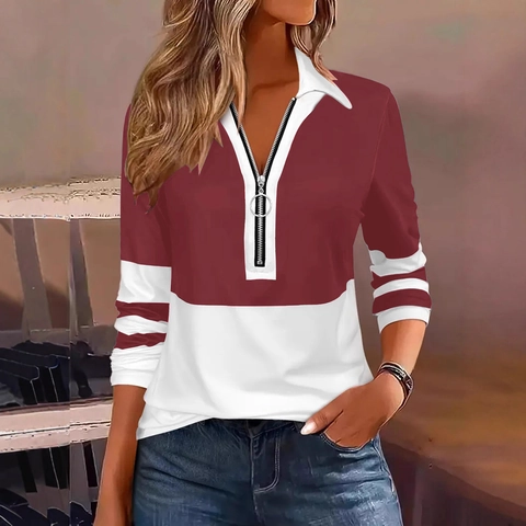 Polo à Manches Longues Color Block pour Femmes Col à Revers Fermeture Éclair Col en V Patchwork Décontracté