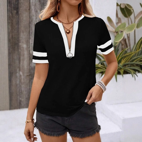 Women Casual V Neck Zipper T-Shirt Short Sleeve Contrast Patchwork Striped Trim Sporty Loose Basic Fashion Summer Top Tee