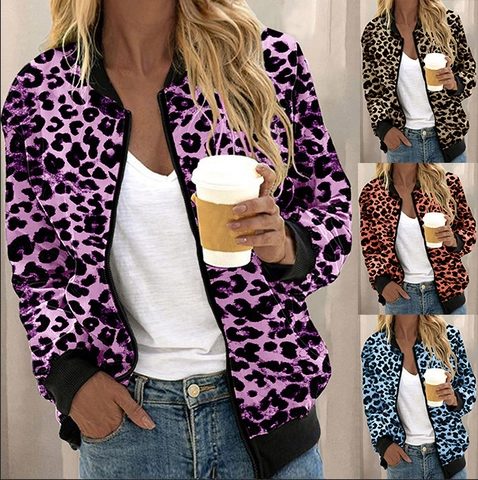 Damen Bomberjacke Mit Leopardenmuster Stehkragen Reißverschluss Lässig Langarm Streetwear Modejacke Für Damen