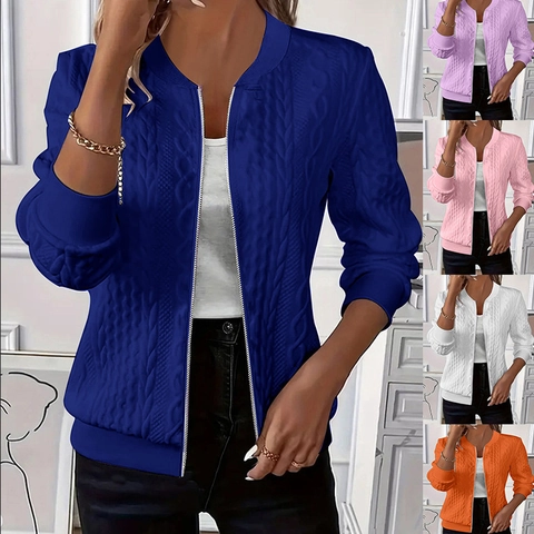 Giacca da Donna Casual in Maglia a Trecce con Cerniera Manica Lunga Colletto in Piedi Tinta Unita Cappotto Caldo Autunno