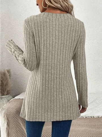 Damen Geripptes Langarm T-Shirt Mit Knopfdekor Lässig Geschlitzter Saum Patchwork Gefälschtes Zweiteiliges Oberteil