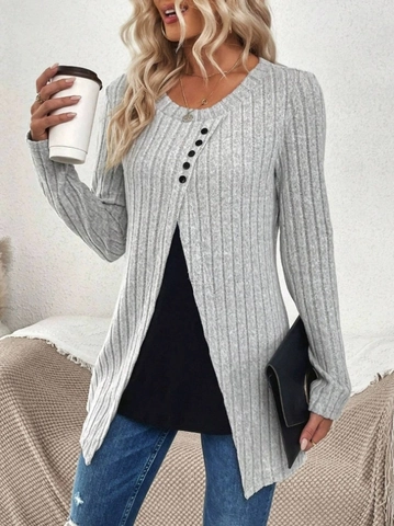 Damen Geripptes Langarm T-Shirt Mit Knopfdekor Lässig Geschlitzter Saum Patchwork Gefälschtes Zweiteiliges Oberteil