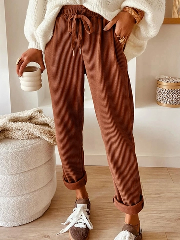 Women High Waisted Corduroy Casual Pants Solid Color Elastic Drawstring Waist Straight Leg Trousers With Pockets Streetwear