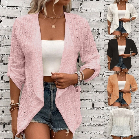 Damen Casual Spitze Häkeln Hohl Cardigan Leicht Langarm Roll Up Offen Vorne Sommer Strand Cover Up Top