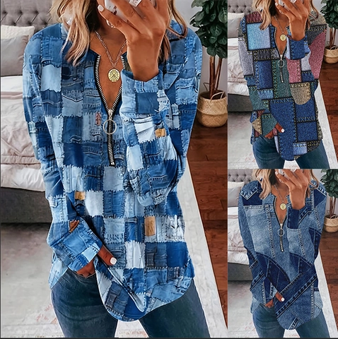 Maglietta a Maniche Lunghe Casual da Donna Scollo a V Cerniera Top Vintage Denim Patchwork Stampa Larga Primavera Autunno