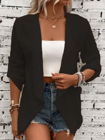 Damen Casual Spitze Häkeln Hohl Cardigan Leicht Langarm Roll Up Offen Vorne Sommer Strand Cover Up Top