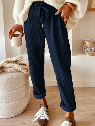 Pantaloni Casual da Donna in Velluto a Coste a Vita Alta Tinta Unita Coulisse Elastica Gamba Dritta con Tasche Streetwear