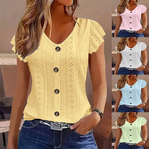 Camiseta de Mujer con Cuello en V y Bordado de Ojales Manga Corta con Volantes Botones Blusa de Verano Casual Elegante de Color Sólido