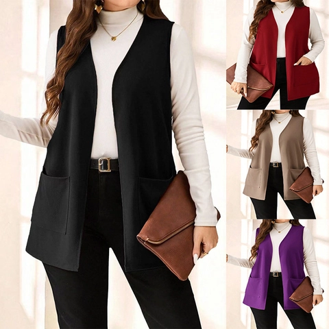 Gilet de Costume pour Femmes Décontracté Sans Manches Ouvert Sur Le Devant Avec Poches Mi-Long Gilet pour Bureau Superposition