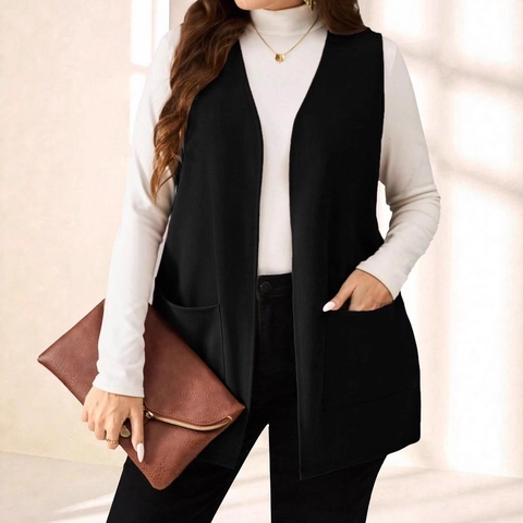 Gilet de Costume pour Femmes Décontracté Sans Manches Ouvert Sur Le Devant Avec Poches Mi-Long Gilet pour Bureau Superposition