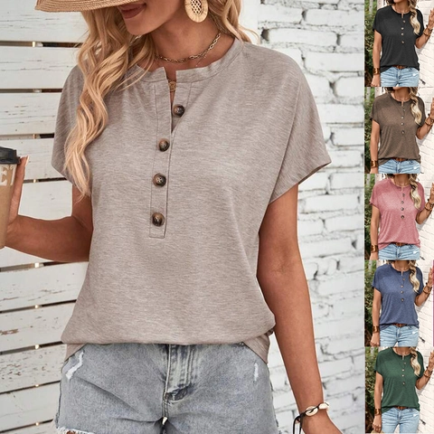 Women's Casual Henley Neck T-Shirt Short Sleeve Cotton Blend V-Neck 4-Button Loose Fit Solid Color Summer Basic Top