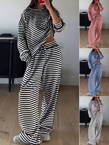 Dames Gestreepte Lounge Set Casual Top En Bottom Lange Mouwen Ronde Hals Top En Trekkoord Wijde Pijpen Broek Loungewear Outfit