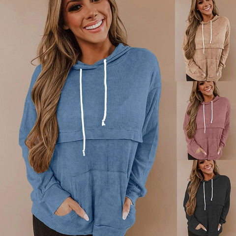 Sweat à Capuche en Maille Gaufrée pour Femme Pullover Manches Longues Poche Kangourou Cordon de Serrage Couleur Unie Casual