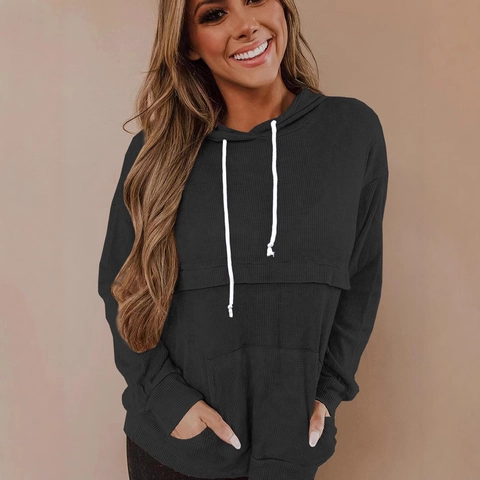Sweat à Capuche en Maille Gaufrée pour Femme Pullover Manches Longues Poche Kangourou Cordon de Serrage Couleur Unie Casual