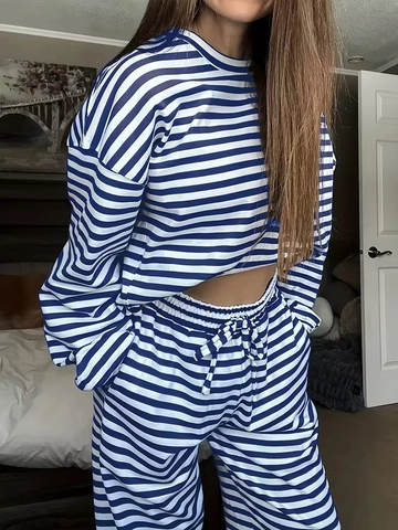 Dames Gestreepte Lounge Set Casual Top En Bottom Lange Mouwen Ronde Hals Top En Trekkoord Wijde Pijpen Broek Loungewear Outfit