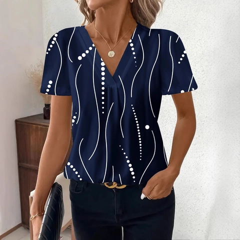 Maglietta da Donna Casual Scollo a V Manica Corta Stampata in Poliestere Spandex Top Moda Street Style Vestibilità Larga