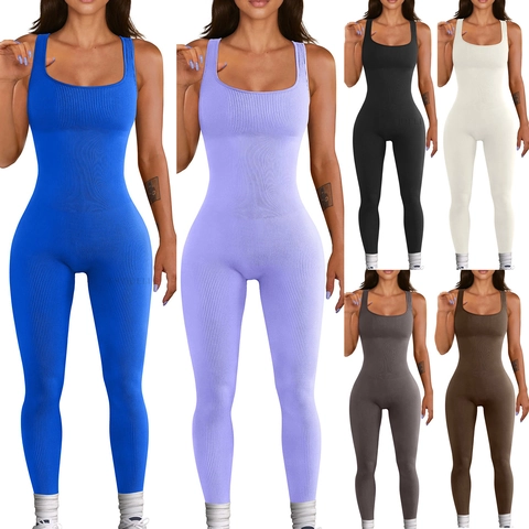 Women Sexy Square Neck Sleeveless Ribbed Jumpsuit Slim Fit High Stretch Rayon Unitard One Piece Yoga Bodysuit Romper For Women Casual