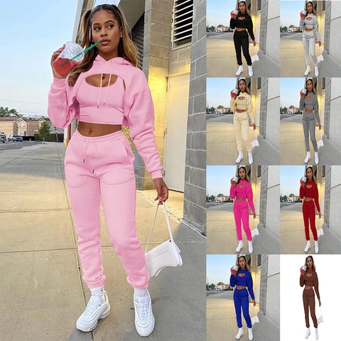 Women Casual Fleece Lined Solid Color Hooded Crop Top Vest And Sweatpants Fashion Streetwear Tracksuit Set