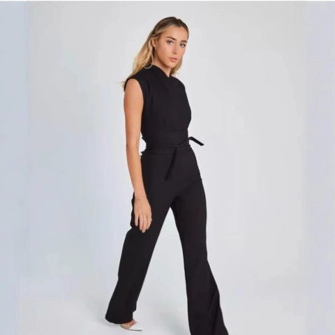 Tuta Elegante Senza Maniche a Gamba Larga da Donna Con Cintura Collo alla Coreana Tinta Unita Estate Casual Ufficio