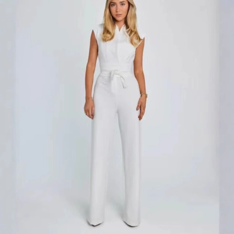 Tuta Elegante Senza Maniche a Gamba Larga da Donna Con Cintura Collo alla Coreana Tinta Unita Estate Casual Ufficio